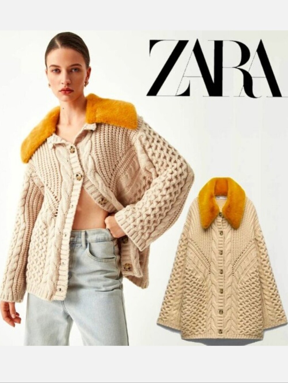 NWT Zara Cable Knit Cardigan with Removable Fur Collar